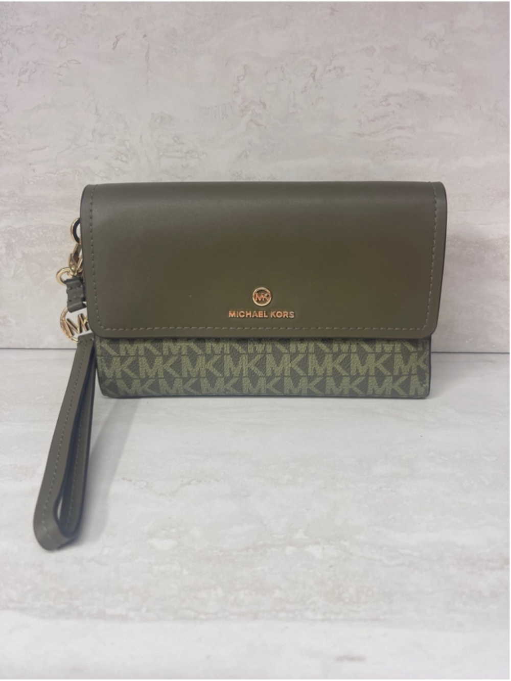 Michael Kors Jet Set Charm Large Flap Wallet/Wristlet Olive Green Logo
